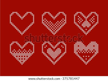 Embroidered hearts. Vector set of hearts. Figured heart. Valentine's day. White hearts on a red background. Norwegian design. Scandinavian design. Slavic design. Cross stitch scheme 2.2