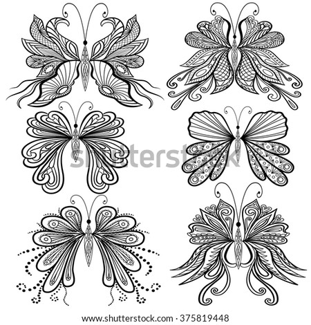 Set of hand drawn butterflies. Vector illustration. EPS 10