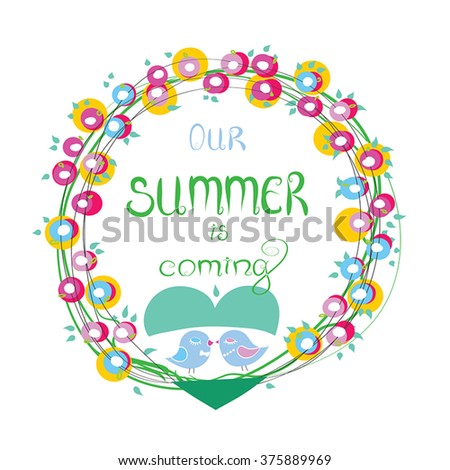 Summer frame love birds nest as green heart - detailed contour wreath -  wild flowers and herbs, isolated on white. Our Summer - round frame for your project, greeting card, wedding announcements.