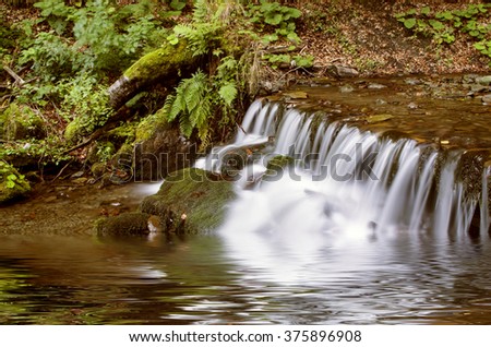Beautiful autumn waterfall in forest with green foliage