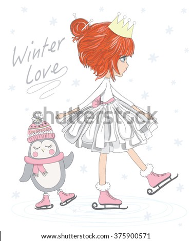 Cute girl with penguin vector design.animal lover. winter love slogan
