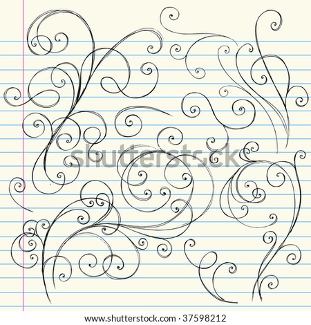 Hand-Drawn Sketchy Doodle Swirls Design Elements on Lined Notebook Paper Background Vector Illustration