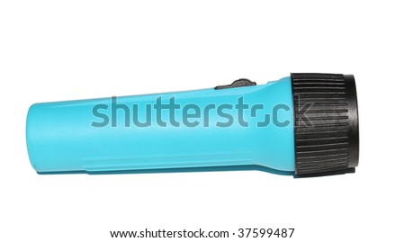 one blue flashlight on a white background