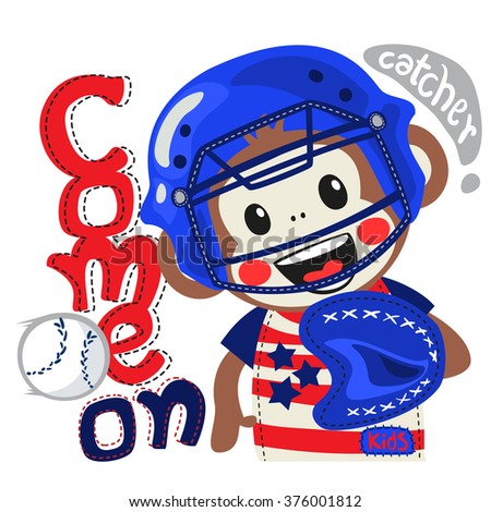 Cartoon monkey boy dressed in catcher uniform illustration vector.
