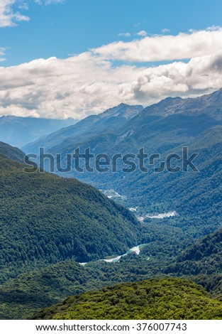 Aerial view over the forest in Fiordland National Park, New Zealand