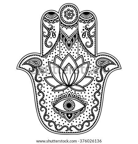 Hamsa hand drawn symbol. Decorative pattern in oriental style for interior decoration and henna drawings. The ancient sign of "Hand of Fatima". Royalty-Free Stock Photo #376026136