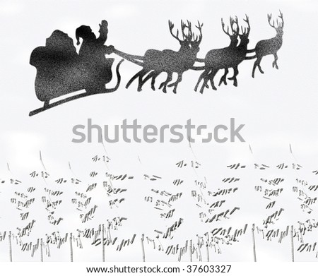 Santa flying across christmas trees with snow