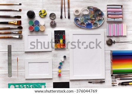 Desktop workplace designer, artist, painter top view. Trend template for advertising. Mockup, layout, template for brochure, banner space for text. Wallpaper, advertising, post on social networks