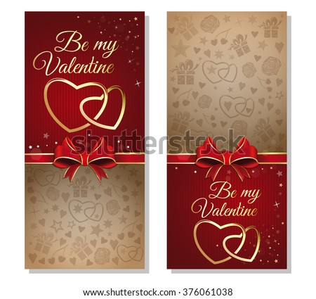 Be my Valentine. Set retro background with red ribbon and bow for Valentine's Day. Vector flyer templates Valentine's Day.