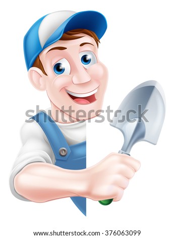 A cartoon gardener man in a cap hat and blue dungarees holding a garden trowel tool