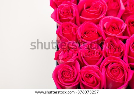 Box with beautiful red roses. Design of flowers. Decoration.