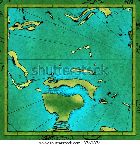 Islands and oceans depicted on old faded treasure map