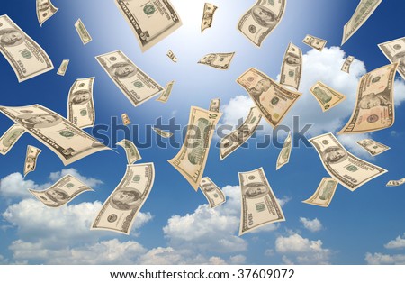 Falling dollars (sunny sky background)