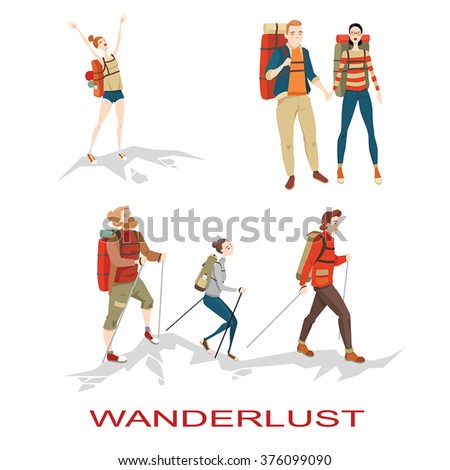 Set of vector illustrations of people hiking in mountains in cartoon style