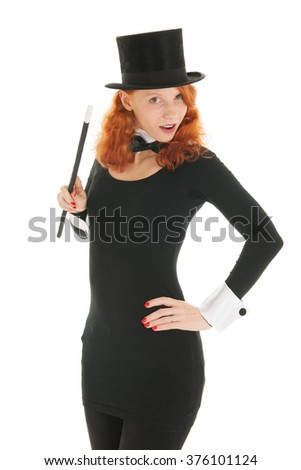 Woman as dandy with black hat looking surprised isolated over white background