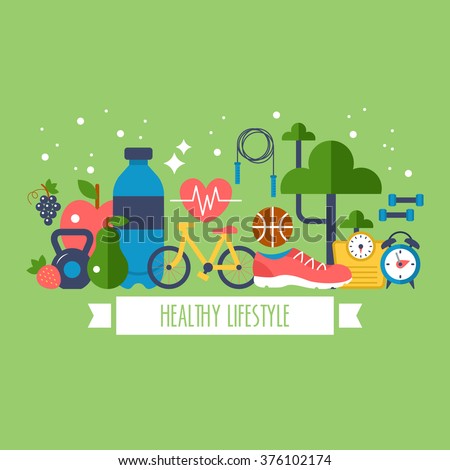 Healthy lifestyle concept with food and sport icons Royalty-Free Stock Photo #376102174
