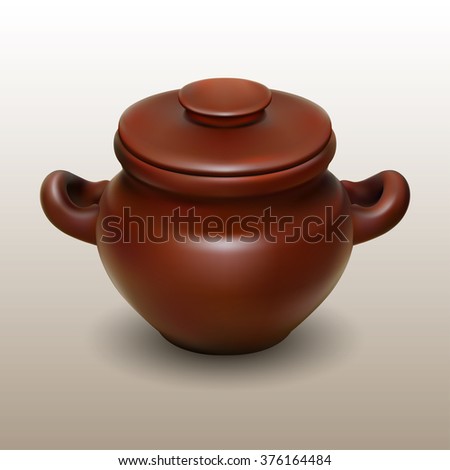 Realistic vector clay pot with cap, traditional European pottery ideal for baking food and cooking in the oven. Graphic illustration for product promotion and advertising isolated on white background
