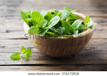 Green fresh mint om the wooden table, selective focus Royalty-Free Stock Photo #376172818