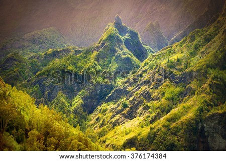 Wilderness area in center of Reunion Island. Warm filtered picture.