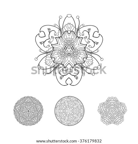 Vector cute Mandala set. Hand drawing Patterned Design mandala. Hand-drawn elements for coloring and relax. Ethnic Amulet. Trending meditation flower ornament. Flower mandala set