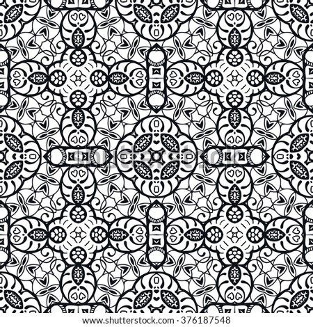 Black and white geometric background seamless pattern, repeating monochrome fabric texture. Tribal ethnic ornament, vector decorative doodle sketch illustration