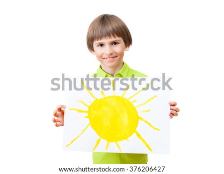A smile boy with picture of sun, isolated on white background 