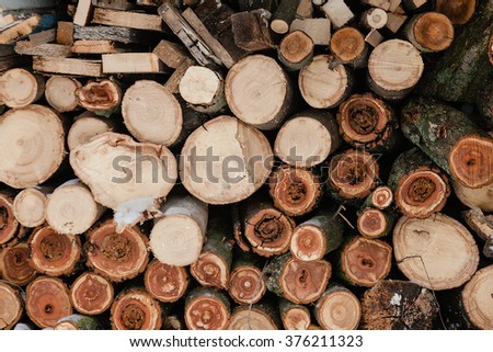 Wood pieces, tree chops stored outdoors for fireplace or mantel, texture or background.