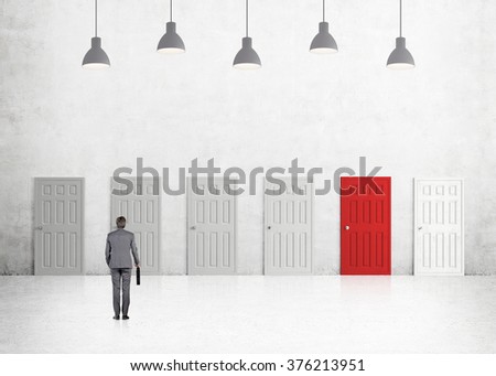 A young businessman with a folder standing in a room with numerous closed doors, one of them is red. Five lamps above. Back view. Concrete background. Concept of finding a way out.