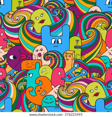  Funny monsters graffiti. Hand drawn sketch art. Doodle vector illustration. can be used for backgrounds, t-shirts.  seamless pattern