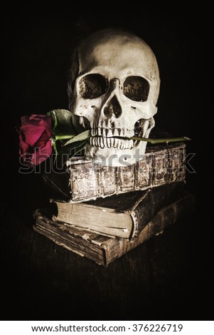 dark style picture still life with a skull, rose and antique books