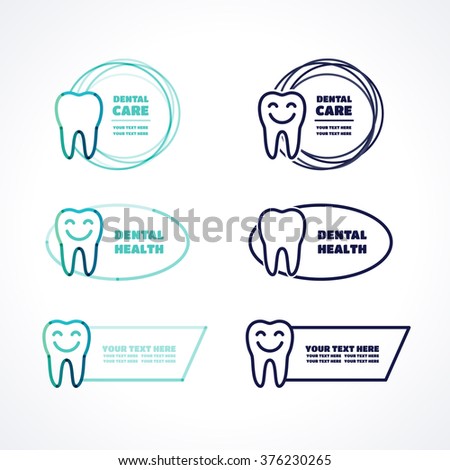 Various labels with teeth and place for text. ?ircle, oval, rectangular shapes. Transparent overlapping linear vector illustration. Green, blue, turquoise, dark-blue linear tooth symbol, icon, logo