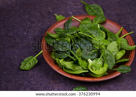 Green fresh spinach in rustic plate on dark wooden background