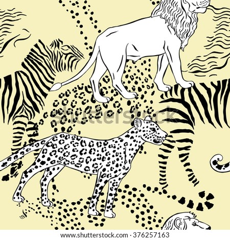 Seamless pattern with savanna animals. Hand drawn vector cheetah, leopard and zebra  in safari park. Vector Illustration