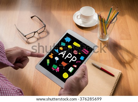 Apps concept, touch digital tablet, coffee