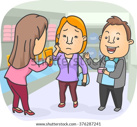 Illustration of a Woman Selling Anti Acne Products to a Couple