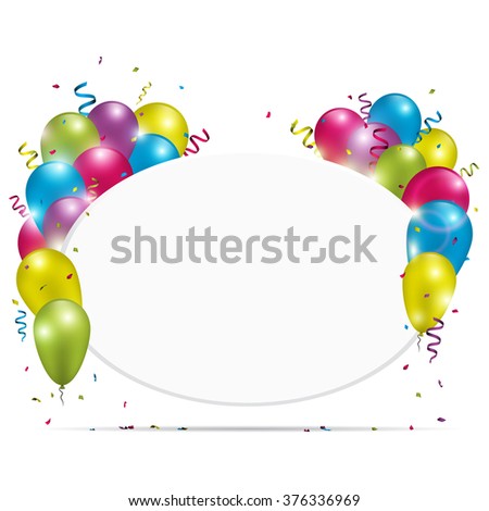 White oval paper banner with colorful balloons, ribbons and confetti. Vector illustration.