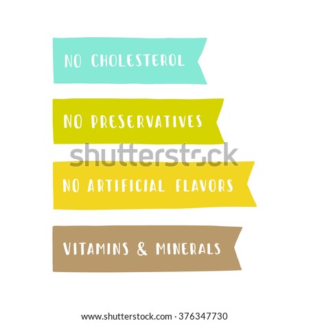 Set of badges: vitamins and minerals, no cholesterol, preservatives, artificial flavors. Vector hand dawn illustration
