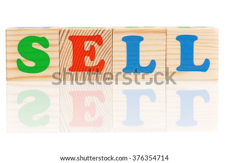 Sell word formed by colorful wooden alphabet blocks, isolated on white background 