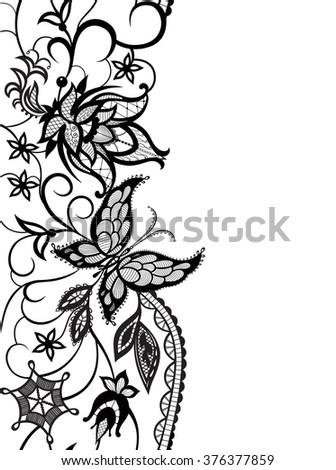 Abstract silhouettes of decorative flowers, leaves and butterfly. These decorative ornament are reminiscent of lace. Perfect cards for any other kind of design
