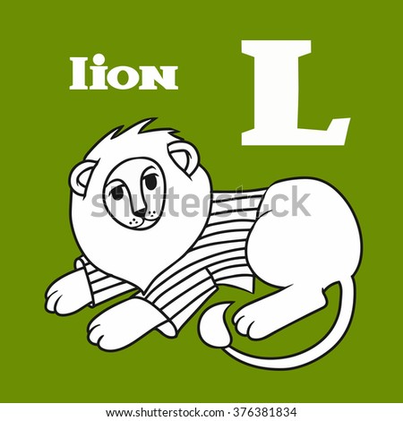 Cartoon coloring black and white lion. Letter L. Part of animal alphabet.