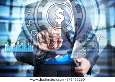 Businessman using modern computer, pressing button on virtual screen. Business strategy. business, technology and internet concept.