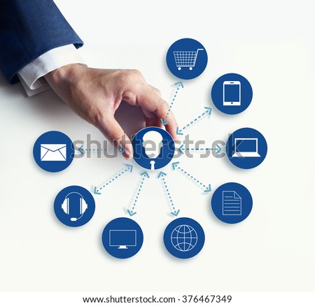 Hands holding icon customer network connection, Omni Channel  Royalty-Free Stock Photo #376467349