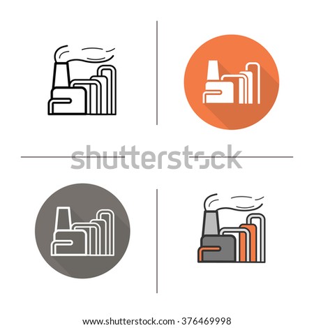 Factory plant flat design, linear and color icons set. Industrial factory plant building with smoke cloud. Mass production. Long shadow logo concept. Isolated vector illustration. Infographic elements