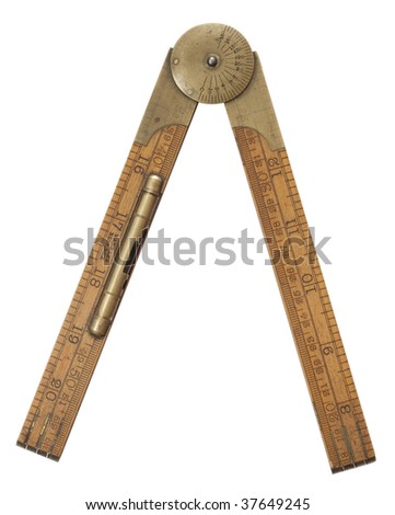 Antique carpenter's boxwood folding rule of 19th century marked Rabone with brass level and protractor isolated on white, containing clipping path