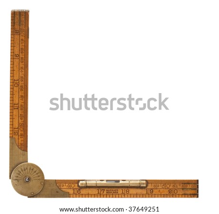 Antique carpenter's boxwood folding rule of 19th century marked Rabone with brass level and protractor isolated on white