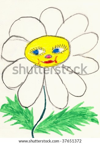 Naive color drawing on a white paper made the child - chamomile flower with face
