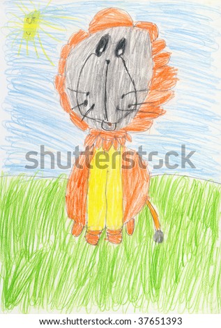 Color drawing on a white paper made the child - lion