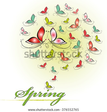 Spring card with colorful butterflies on white and green background 