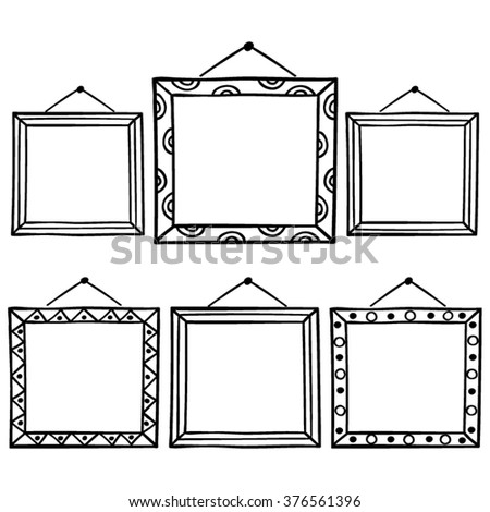 Vector set of hanging picture frames, hand drawn doodle style,   isolated on white background.