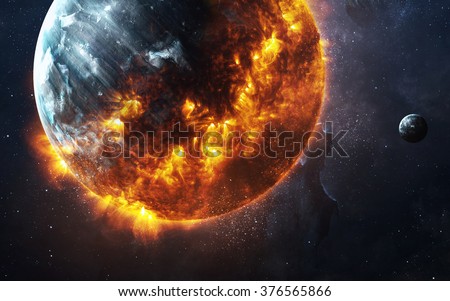 Abstract apocalyptic background - burning and exploding planet . This image elements furnished by NASA Royalty-Free Stock Photo #376565866